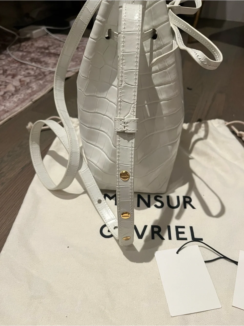 Mansur Gavriel White Croc-Embossed Drawstring Bucket Bag